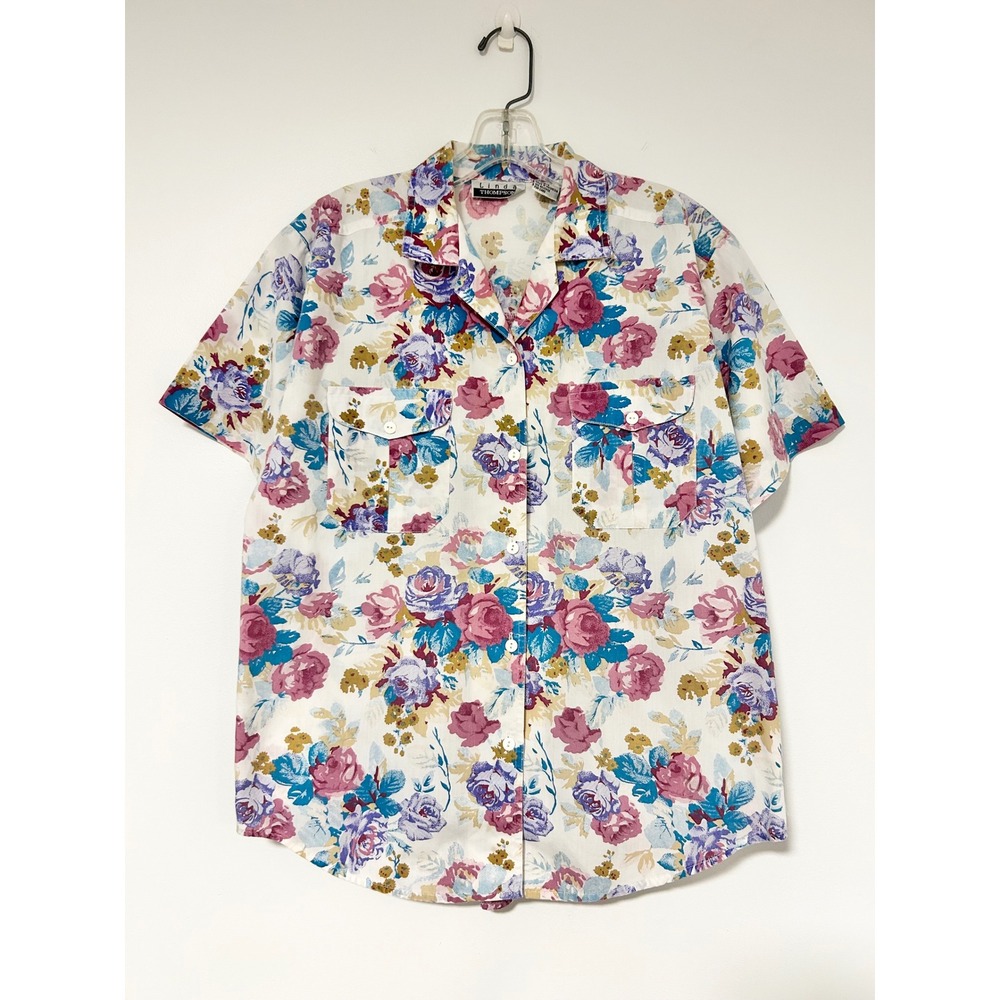 Linda Thompson Vintage Floral Rose Button Down Shirt Pink Teal Cottagecore Small